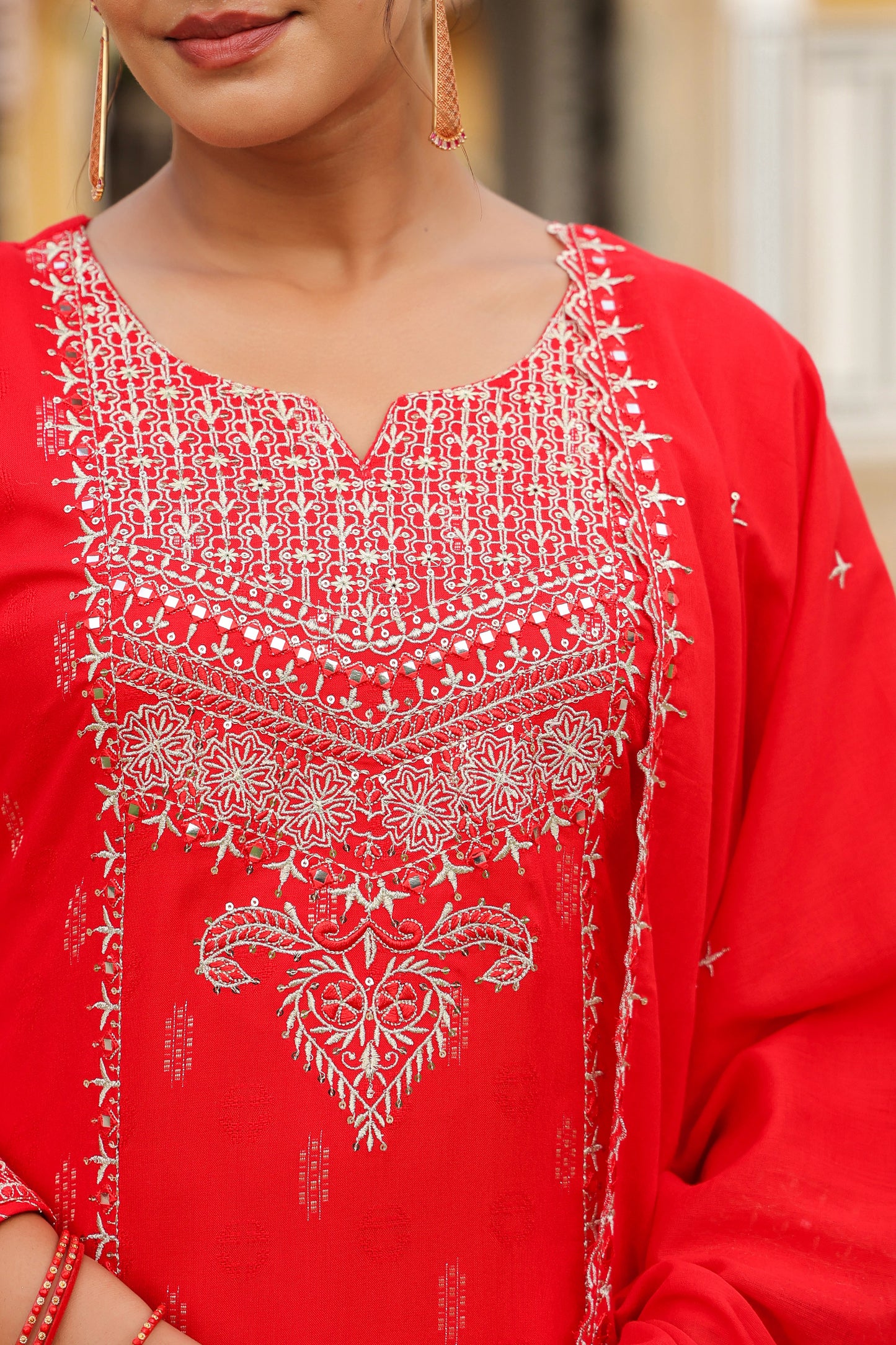 Cadmium Red Embroidery 3-Pcs Suit Set