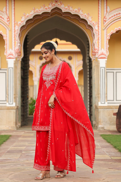 Cadmium Red Embroidery 3-Pcs Suit Set