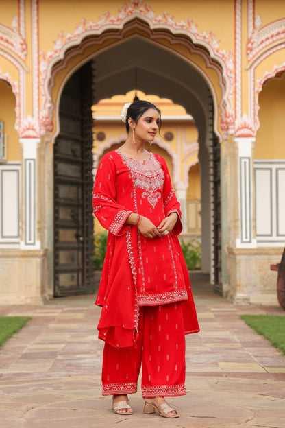 Cadmium Red Embroidery 3-Pcs Suit Set
