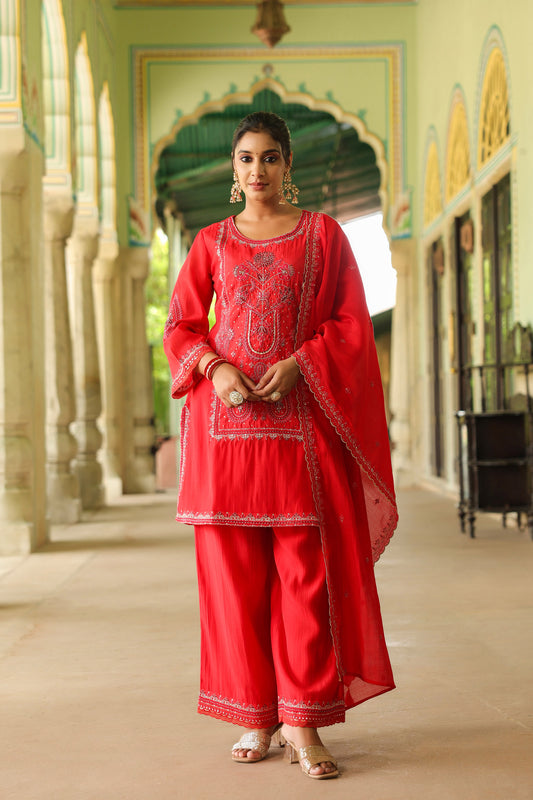 Ruby Red Embroidery 3-Pcs Suit Set