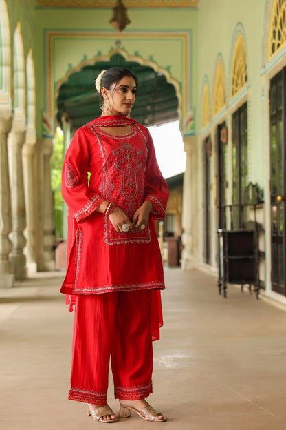 Ruby Red Embroidery 3-Pcs Suit Set
