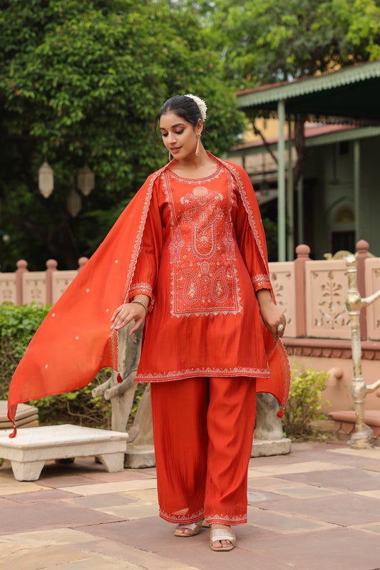 Rust Orange Embroidery 3-Pcs Suit Set