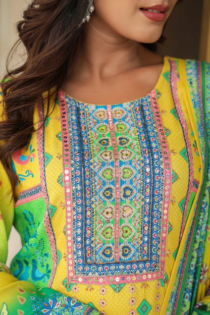 Yellow Green A-Line Sharara Suit Set