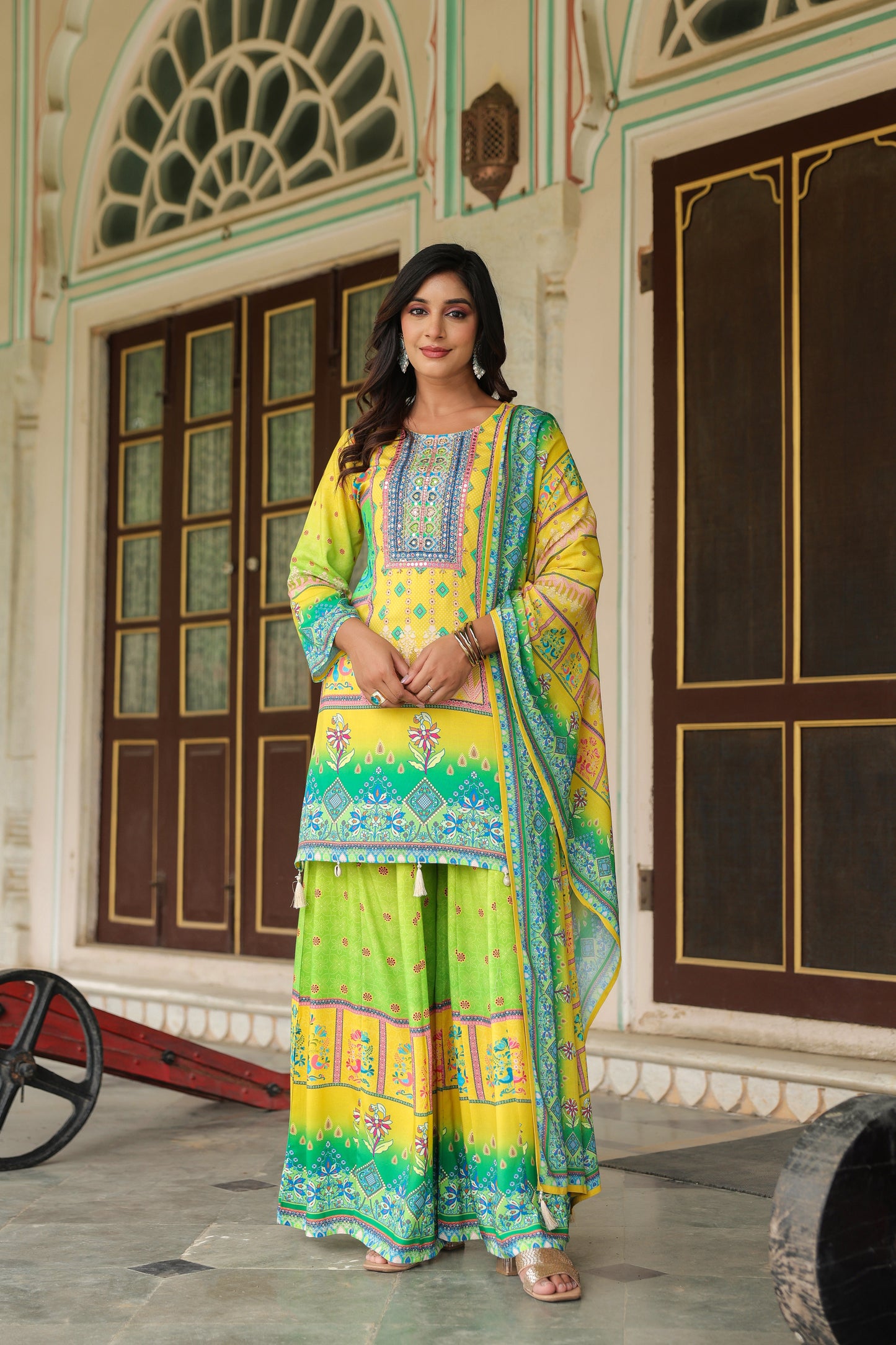 Yellow Green A-Line Sharara Suit Set