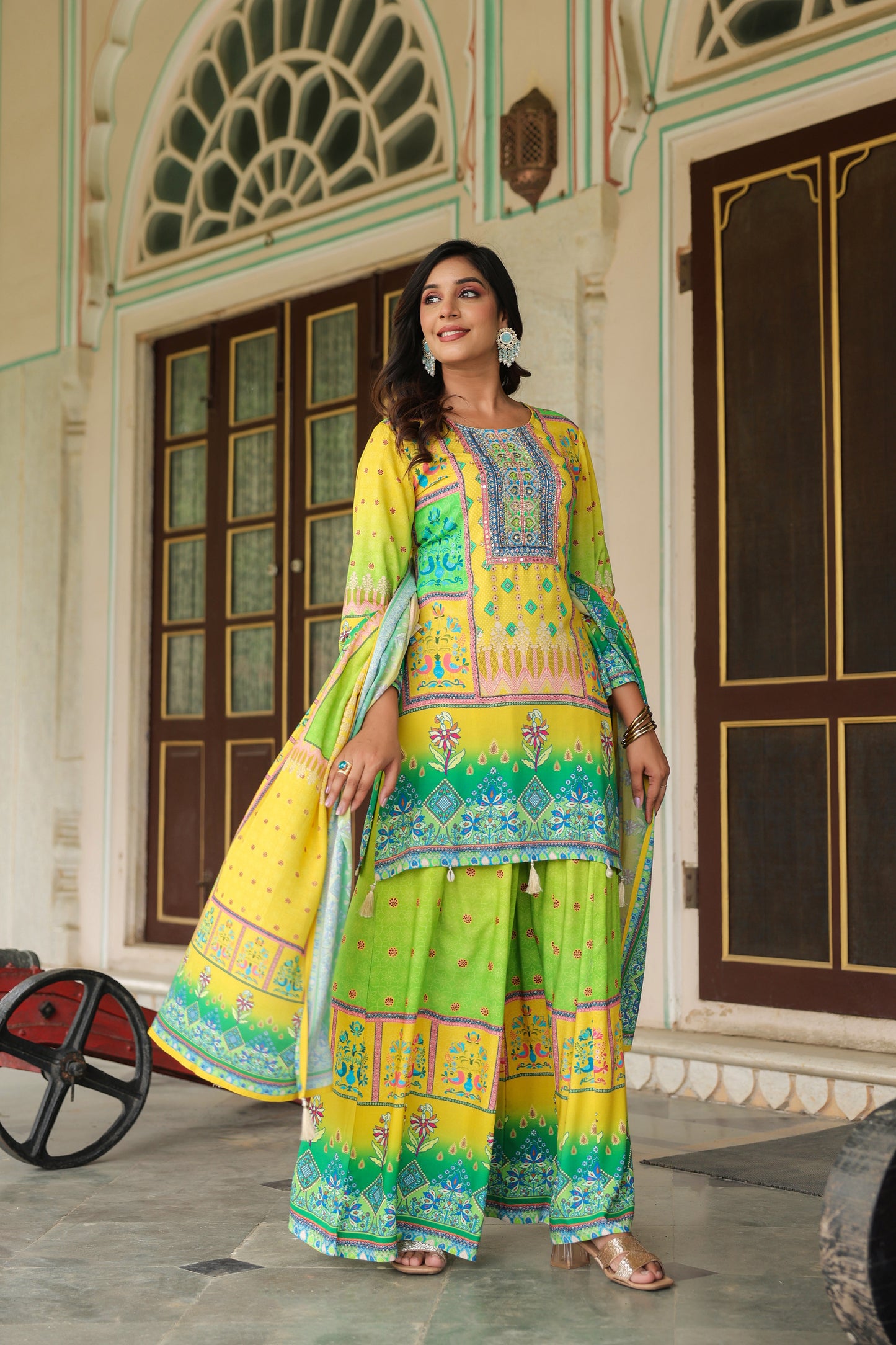 Yellow Green A-Line Sharara Suit Set