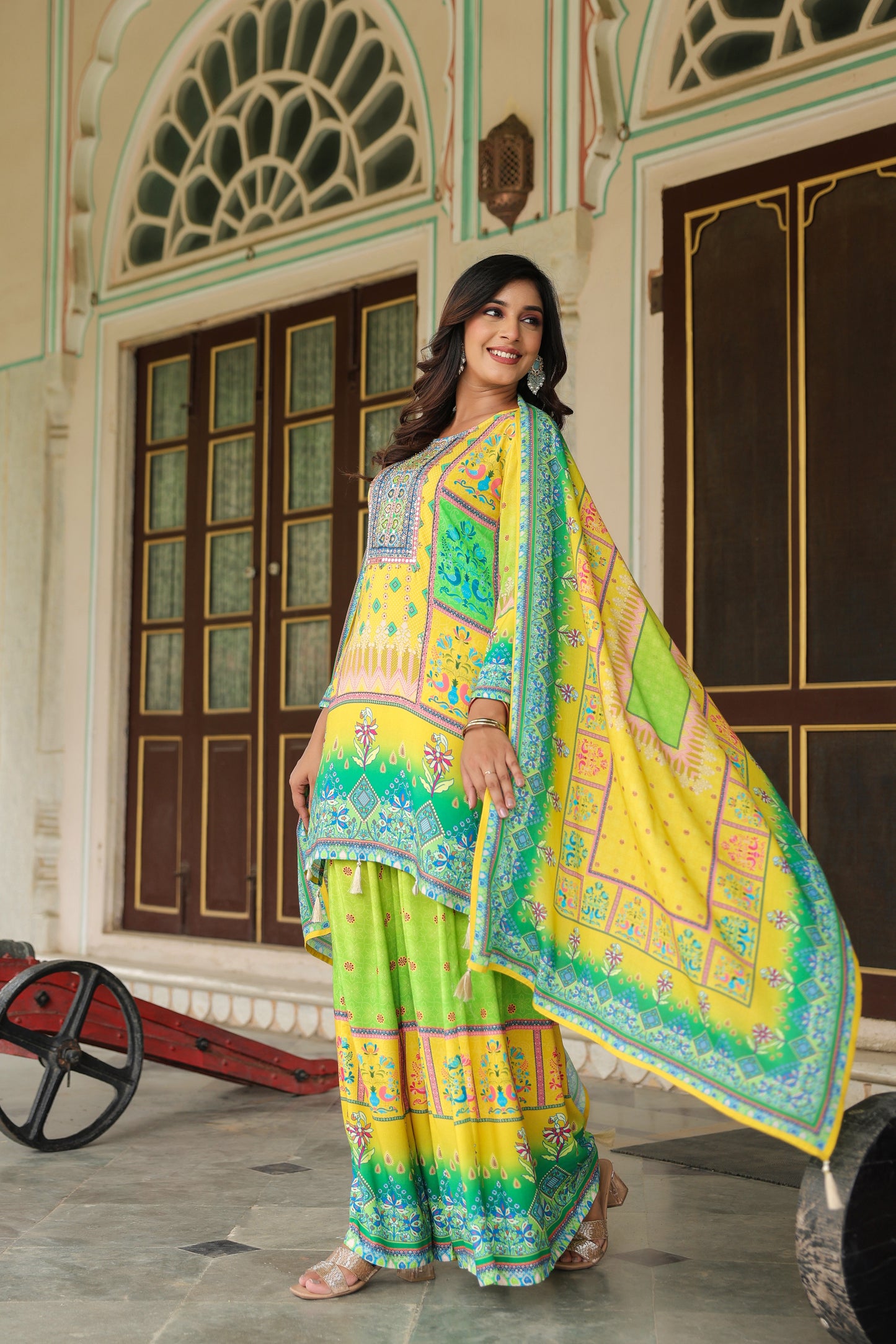 Yellow Green A-Line Sharara Suit Set