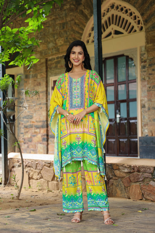 Yellow Green Digital Handwork Kaftan Set