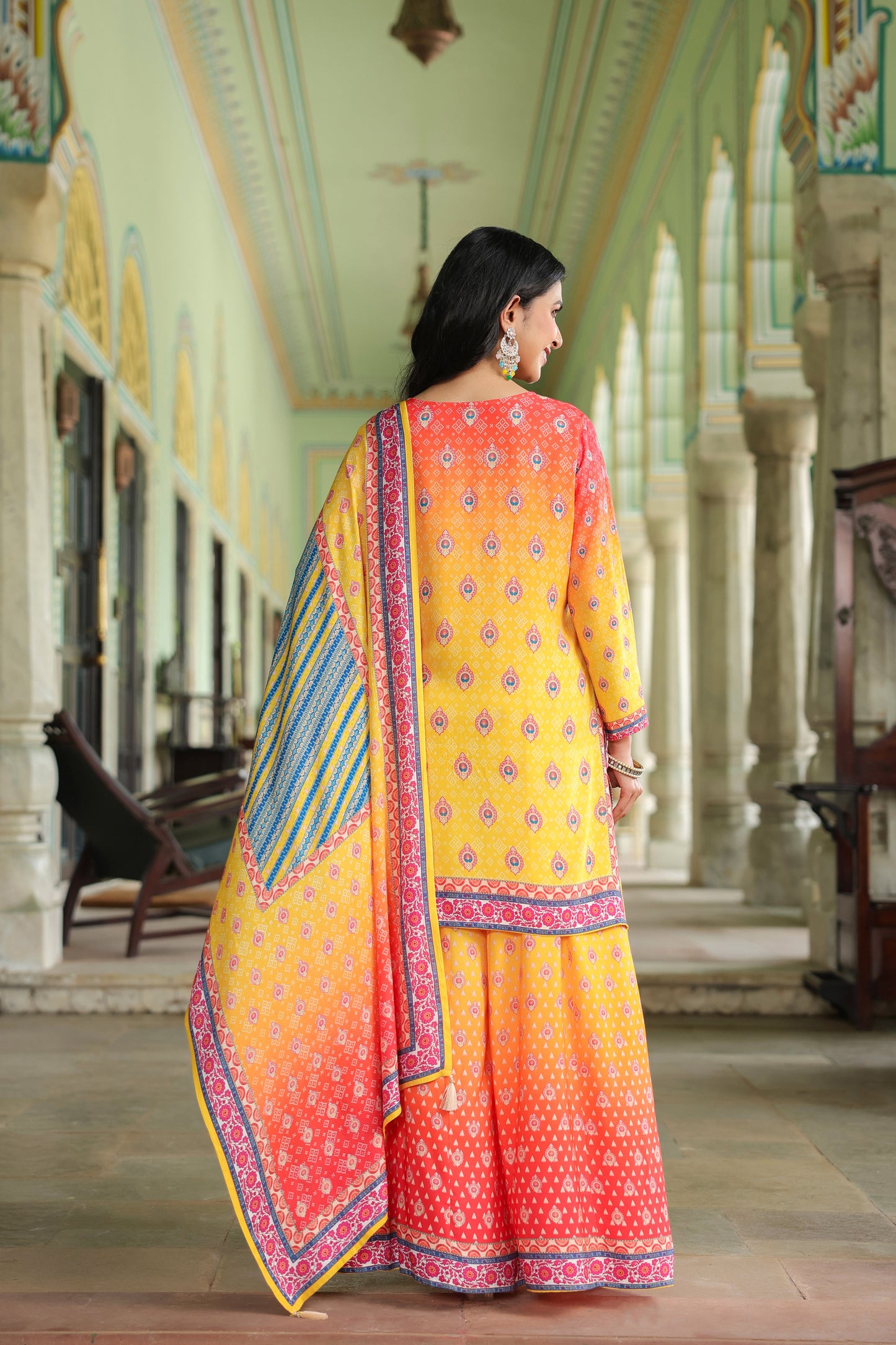 Yellow Orange A-Line Sharara Suit Set