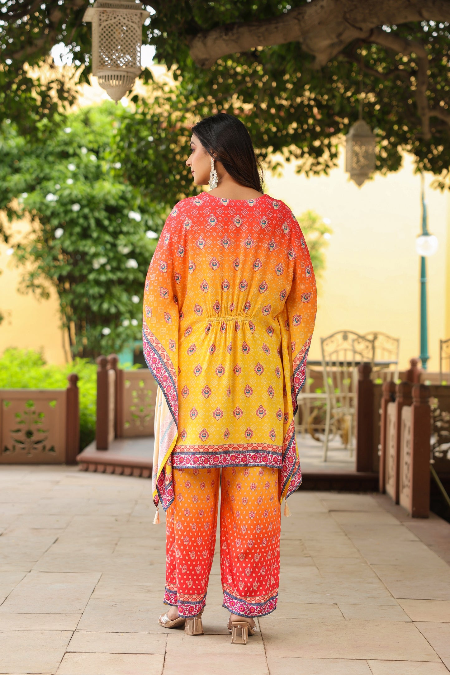 Orange Yellow Digital Handwork Kaftan Set