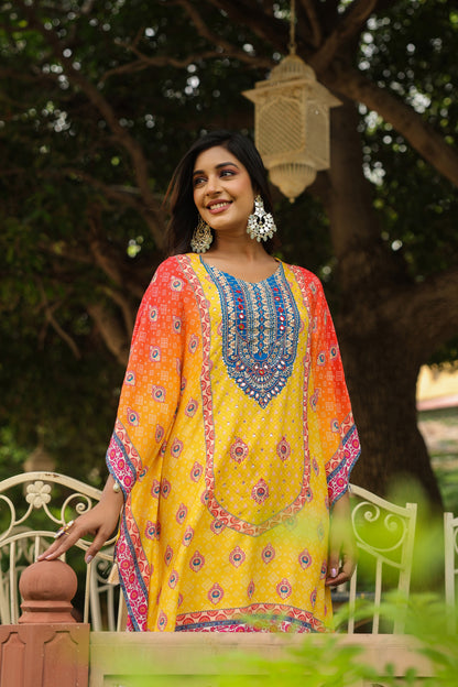 Orange Yellow Digital Handwork Kaftan Set