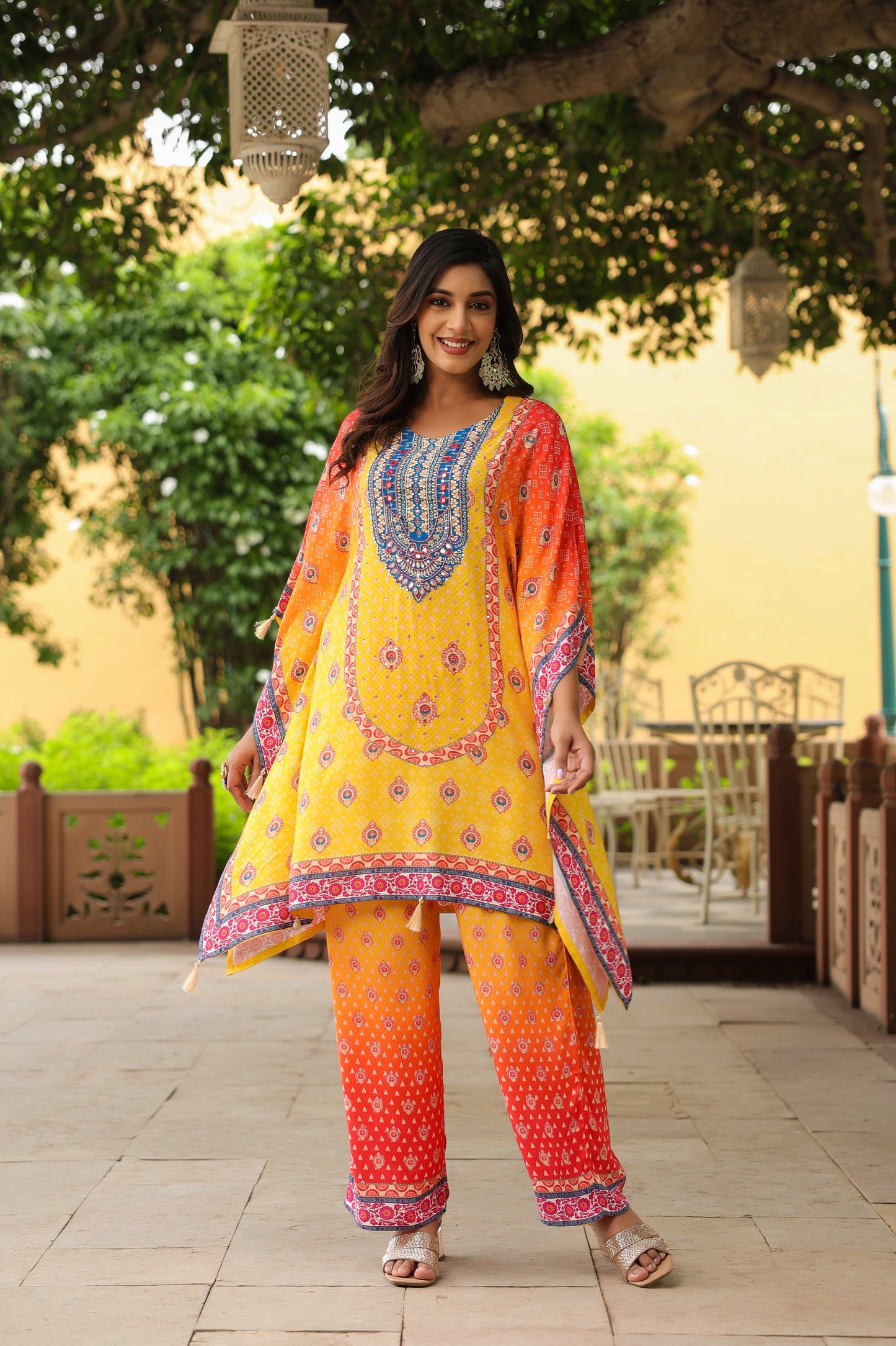 Orange Yellow Digital Handwork Kaftan Set