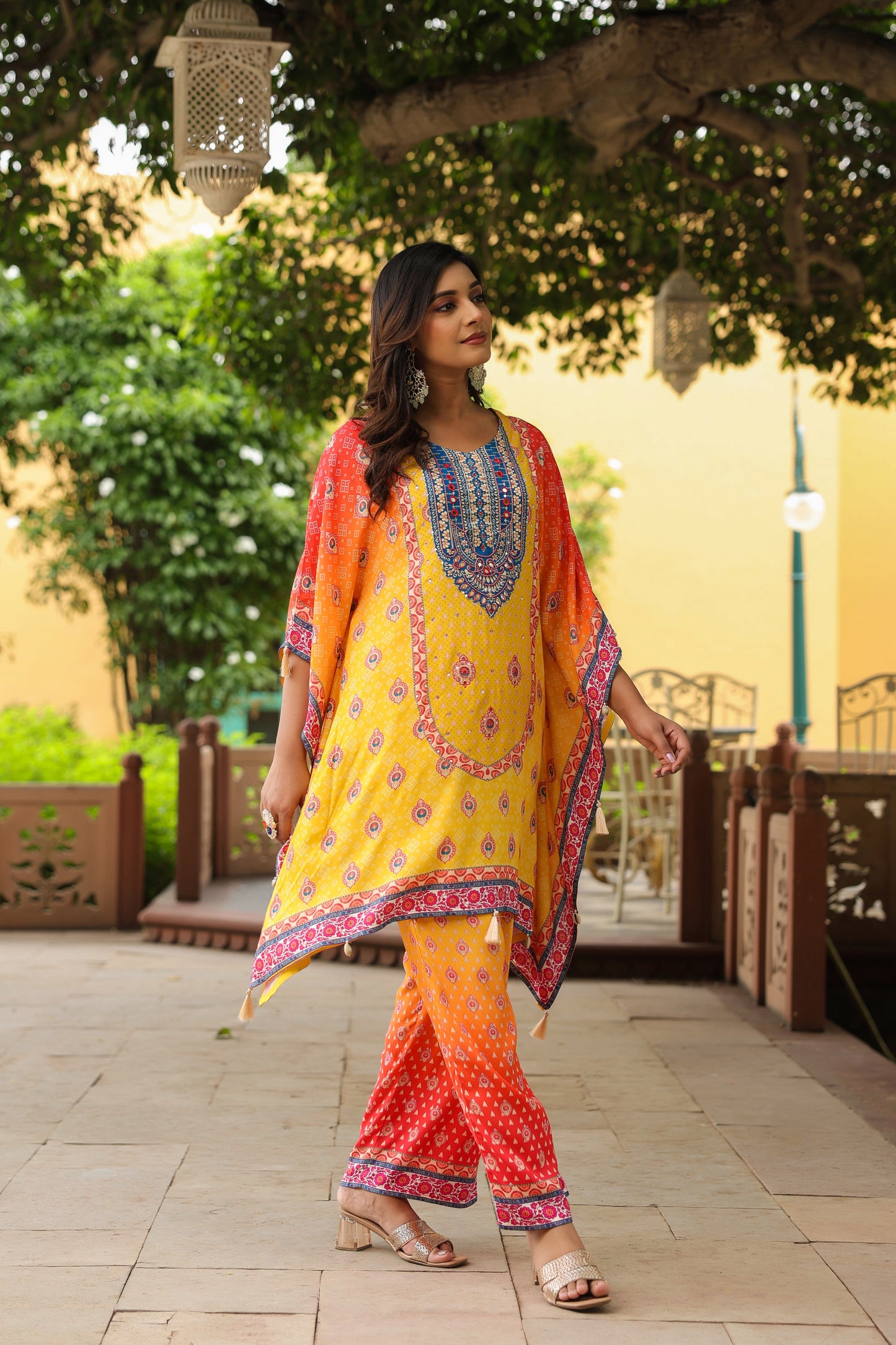 Orange Yellow Digital Handwork Kaftan Set