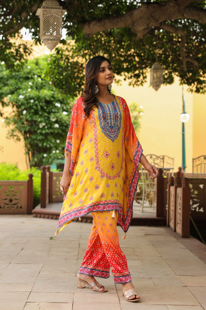 Orange Yellow Digital Handwork Kaftan Set