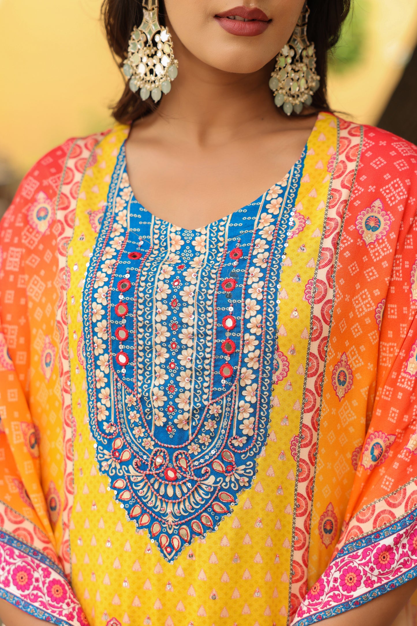 Orange Yellow Digital Handwork Kaftan Set