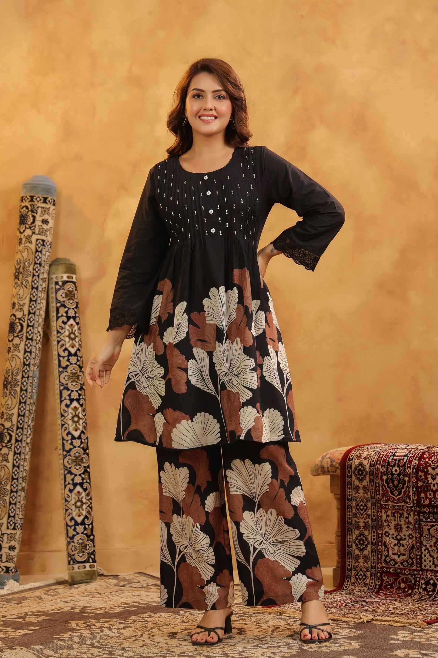Pin-Thrust Handwork Black Printed Co-ord Sets
