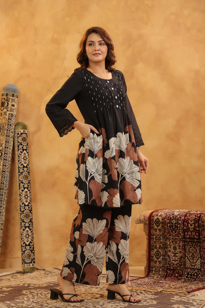 Pin-Thrust Handwork Black Printed Co-ord Sets