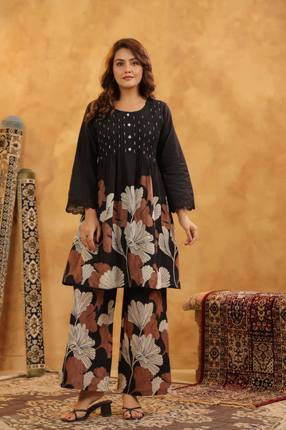 Pin-Thrust Handwork Black Printed Co-ord Sets