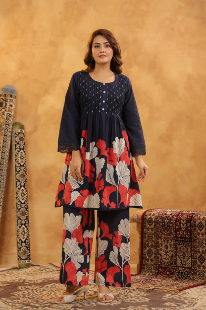 Pin-Thrust Handwork Blue Printed Co-ord Sets