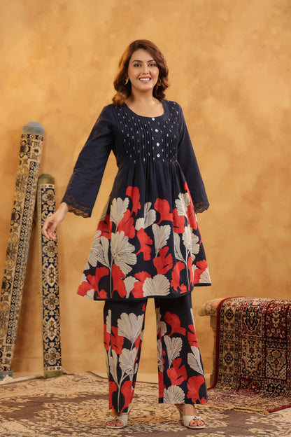 Pin-Thrust Handwork Blue Printed Co-ord Sets