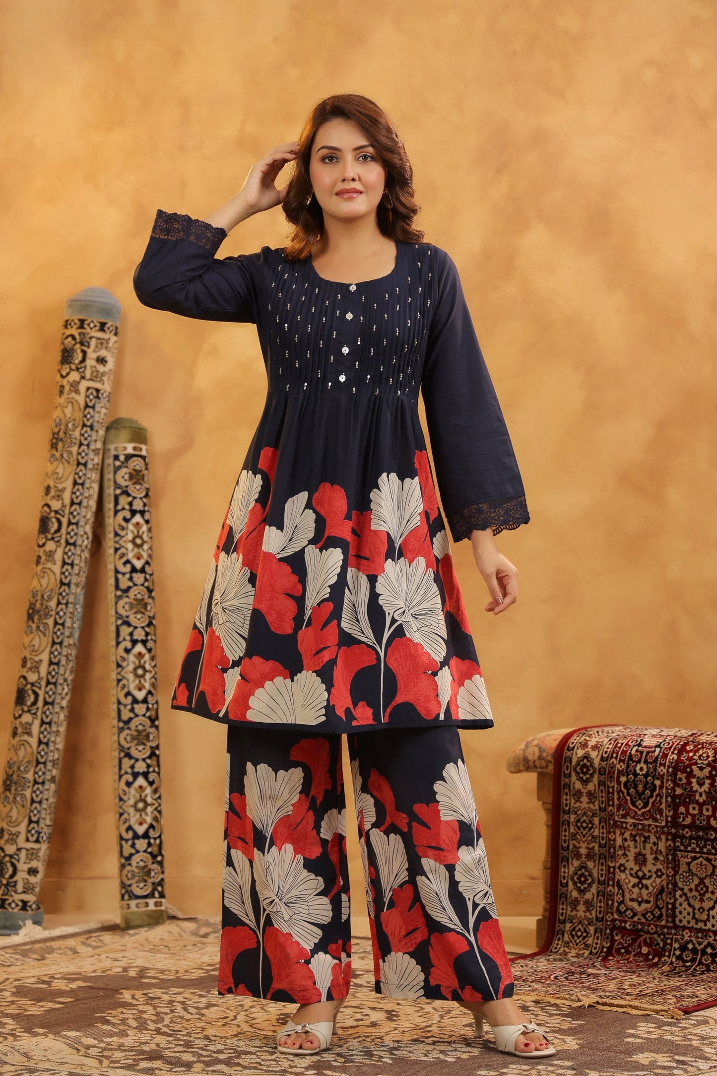 Pin-Thrust Handwork Blue Printed Co-ord Sets