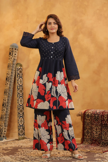 Pin-Thrust Handwork Blue Printed Co-ord Sets