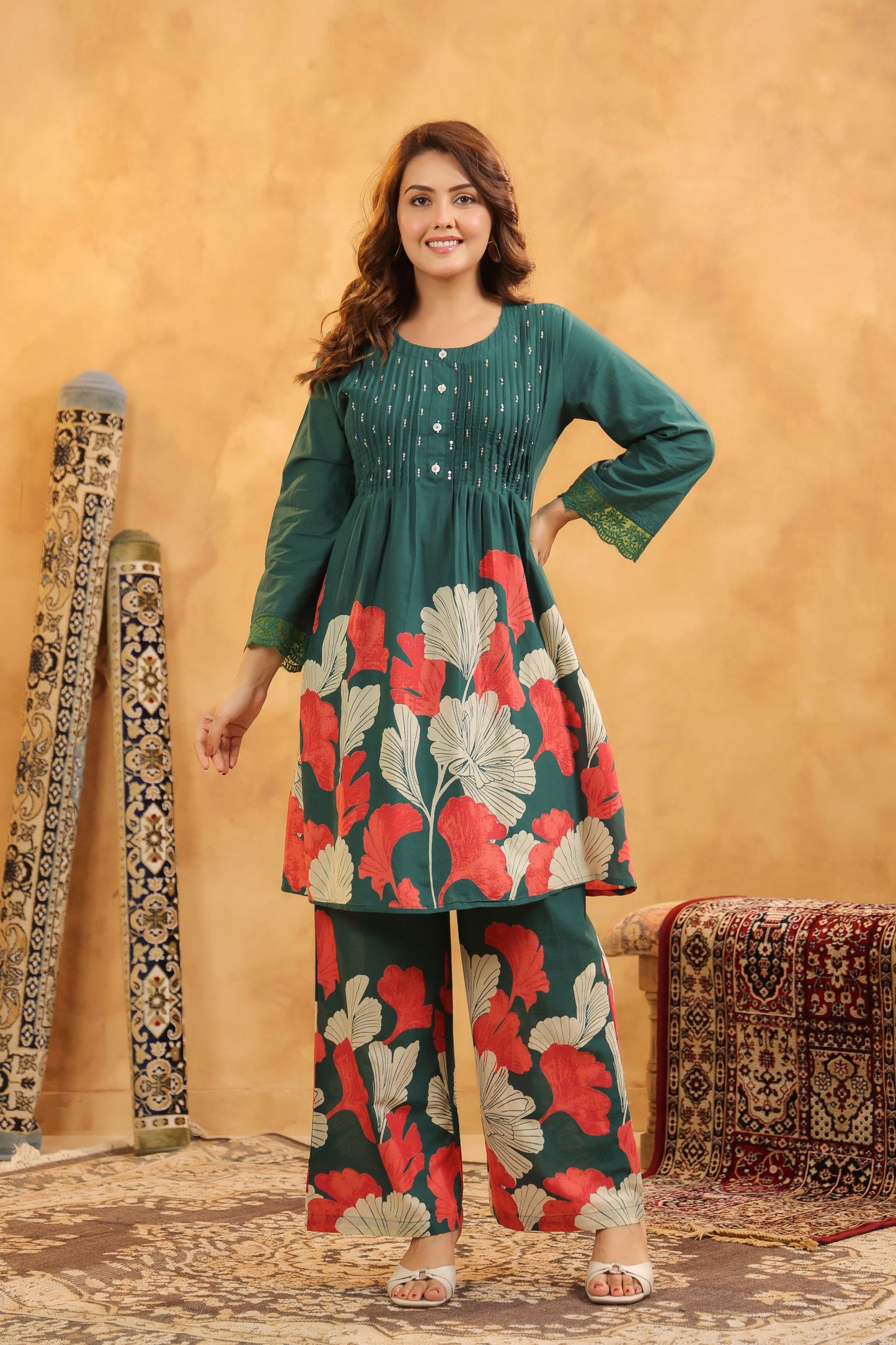 Pin-Thrust Handwork Green Printed Co-ord Sets