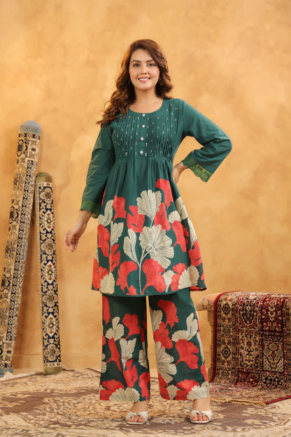 Pin-Thrust Handwork Green Printed Co-ord Sets