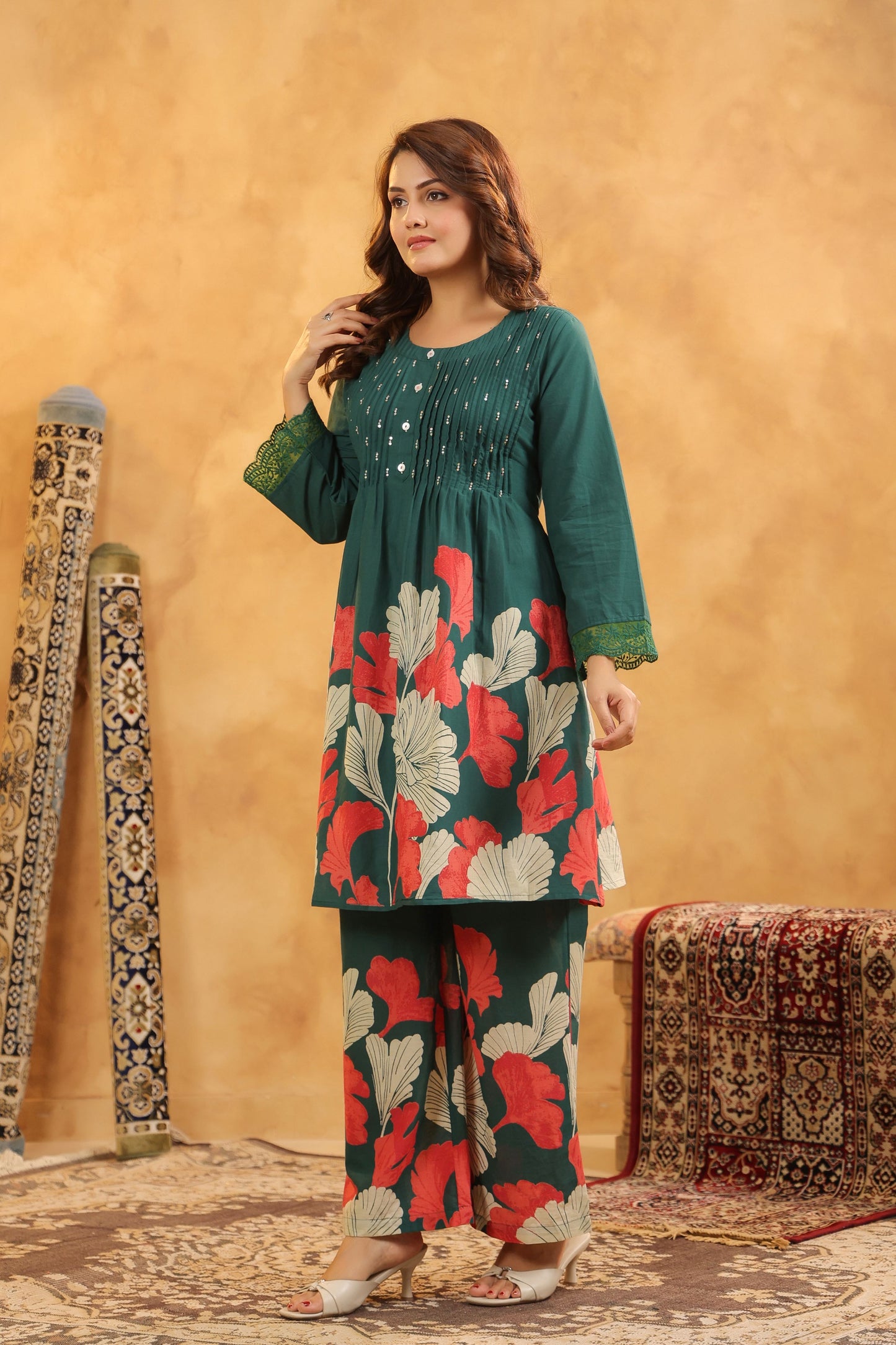 Pin-Thrust Handwork Green Printed Co-ord Sets