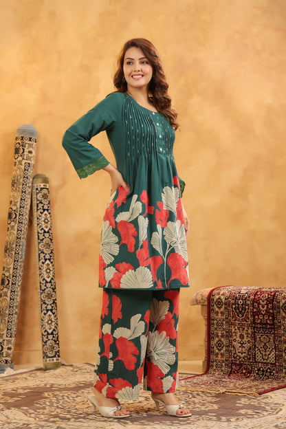 Pin-Thrust Handwork Green Printed Co-ord Sets