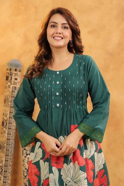 Pin-Thrust Handwork Green Printed Co-ord Sets