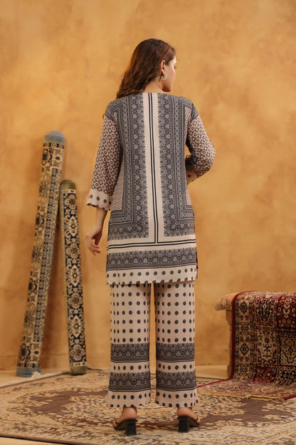 Grey-White Mirror-Work Co-ord Set