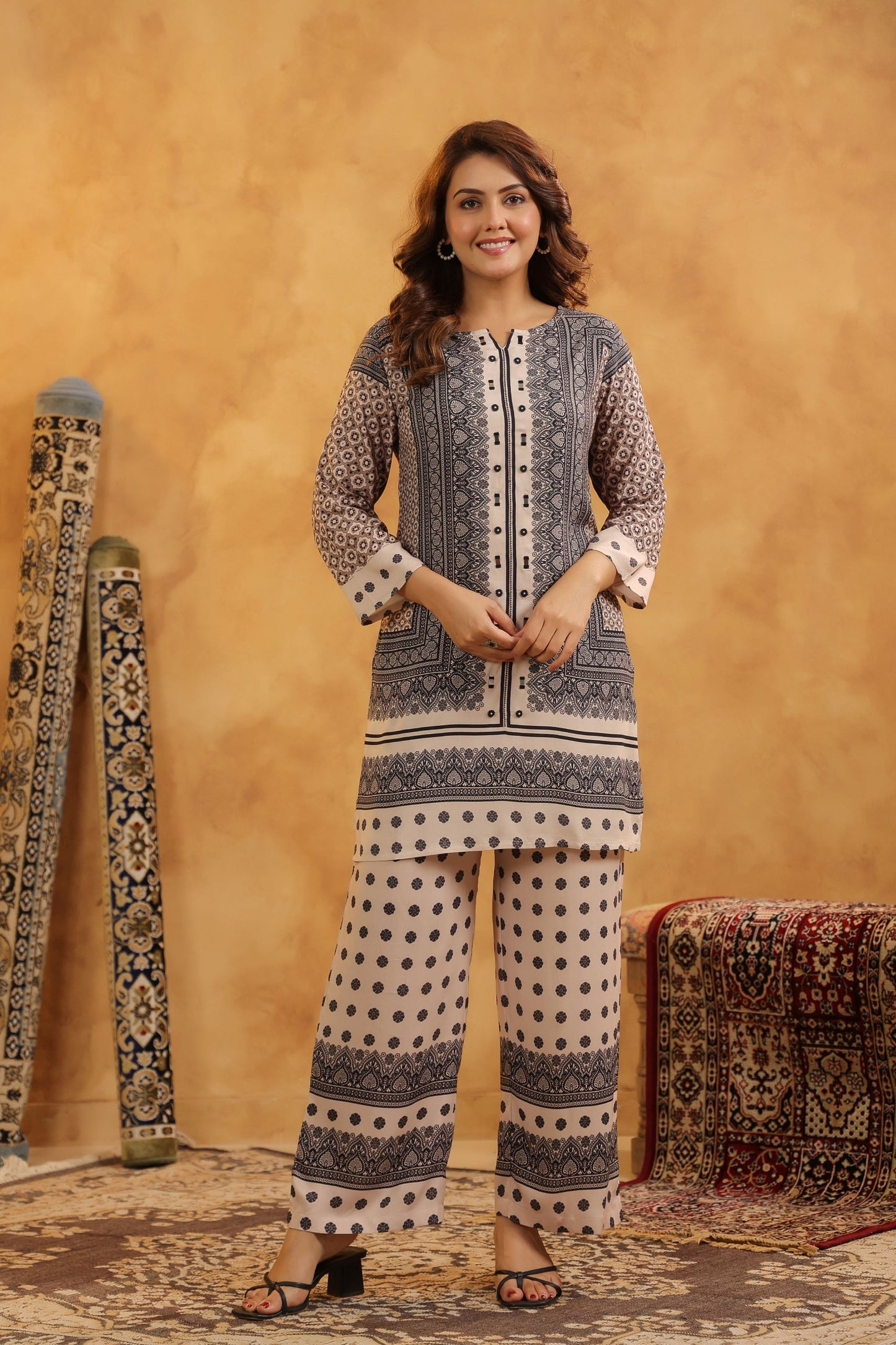 Grey-White Mirror-Work Co-ord Set