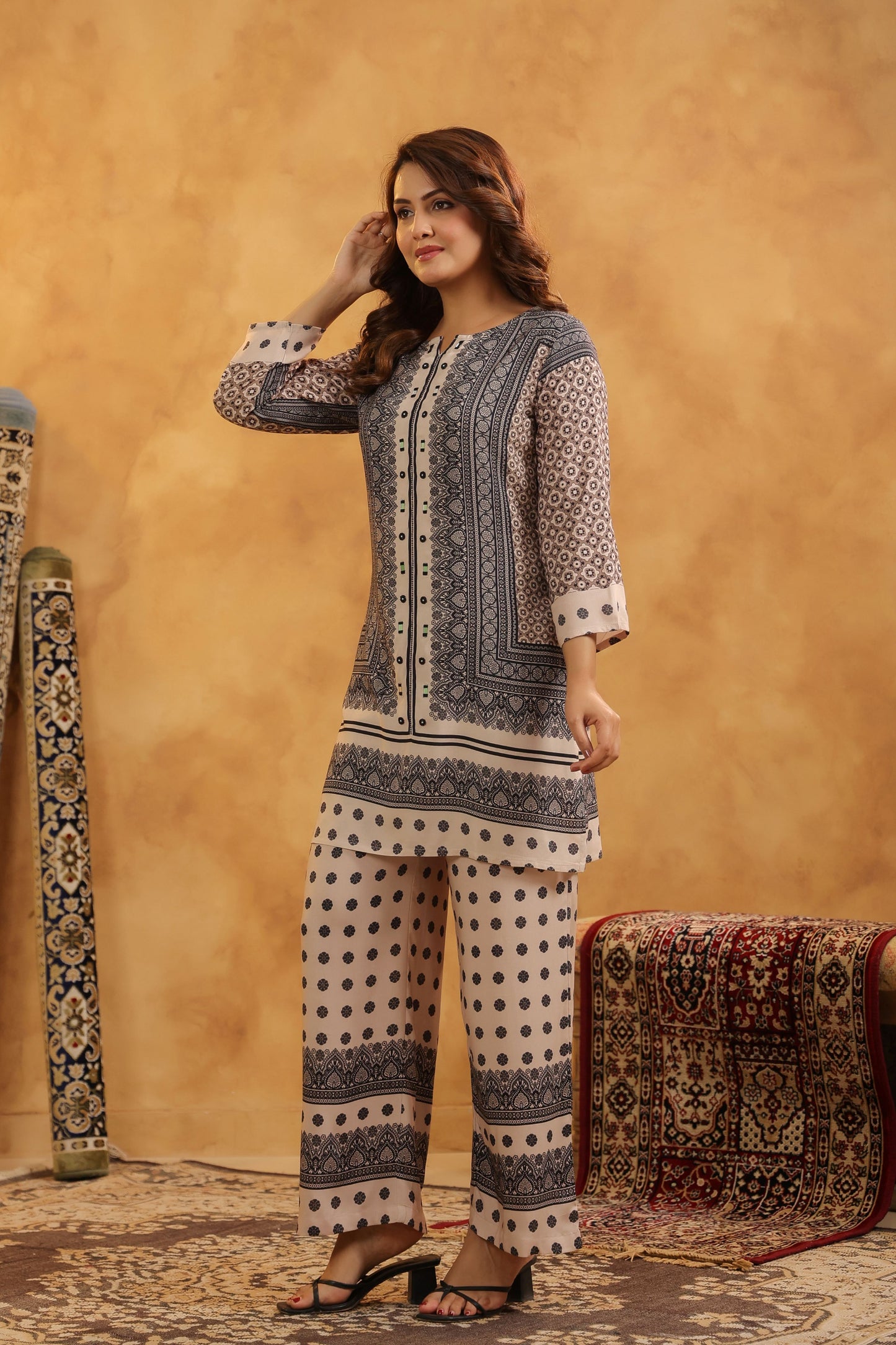 Grey-White Mirror-Work Co-ord Set