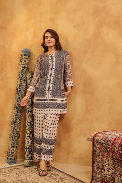 Grey-White Mirror-Work Co-ord Set