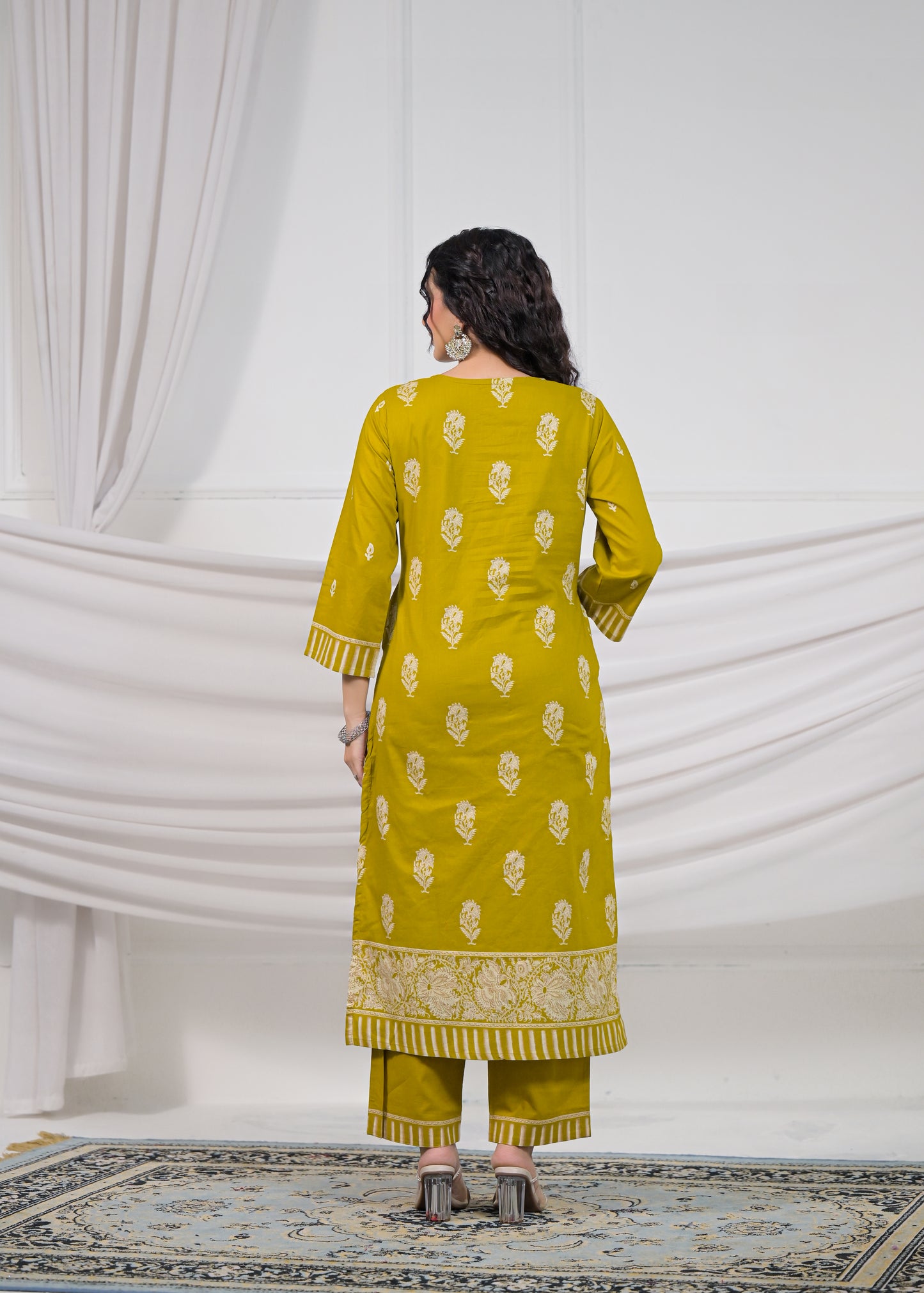 Musk Green Handwork Cotton 3-Piece Suit Set