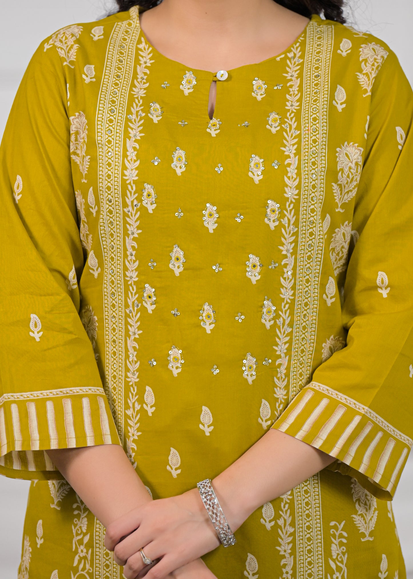 Musk Green Handwork Cotton 3-Piece Suit Set