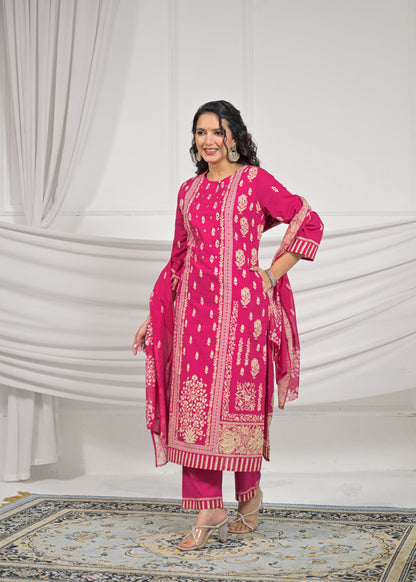 Rose Pink Handwork Cotton 3-Piece Suit Set
