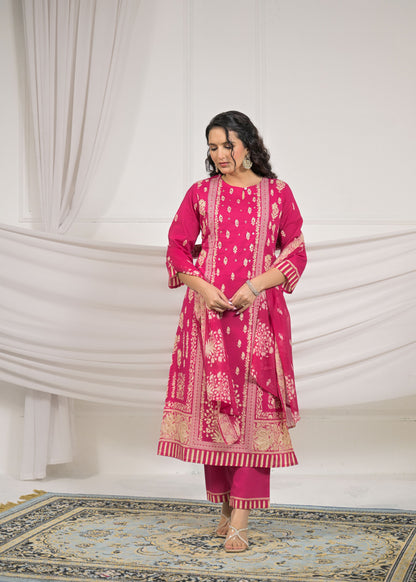Rose Pink Handwork Cotton 3-Piece Suit Set