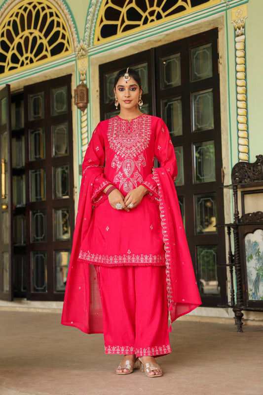 Fuchsia Pink Embroidered 3-Pcs Suit Set