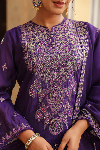 Cadbury Purple Embroidered 3-Pcs Suit Set