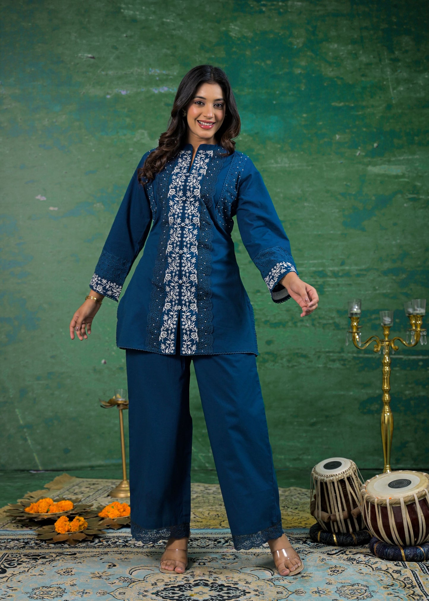 Azure Blue Schiffli Handwork Co-ord Set