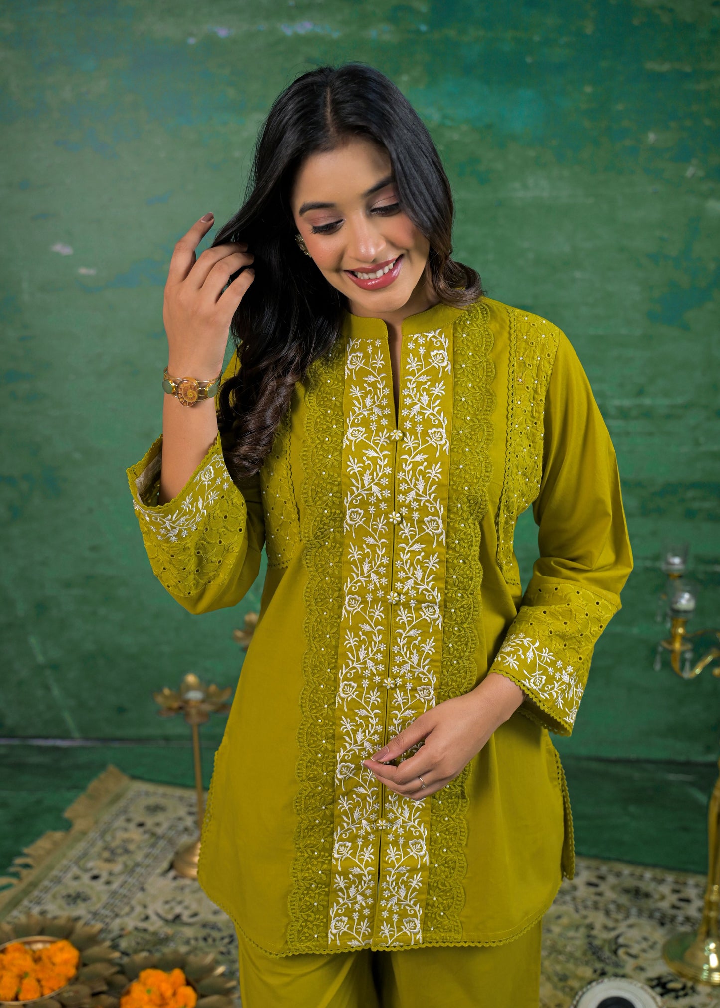 Pine Green Schiffli Handwork Co-ord Set