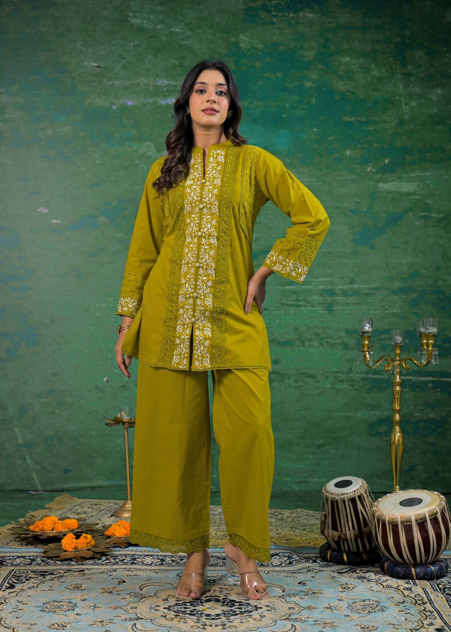 Pine Green Schiffli Handwork Co-ord Set