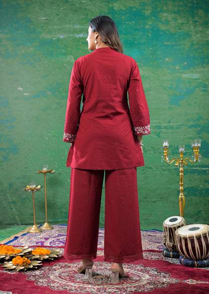 Deep Maroon Schiffli Handwork Co-ord Set