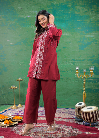 Deep Maroon Schiffli Handwork Co-ord Set