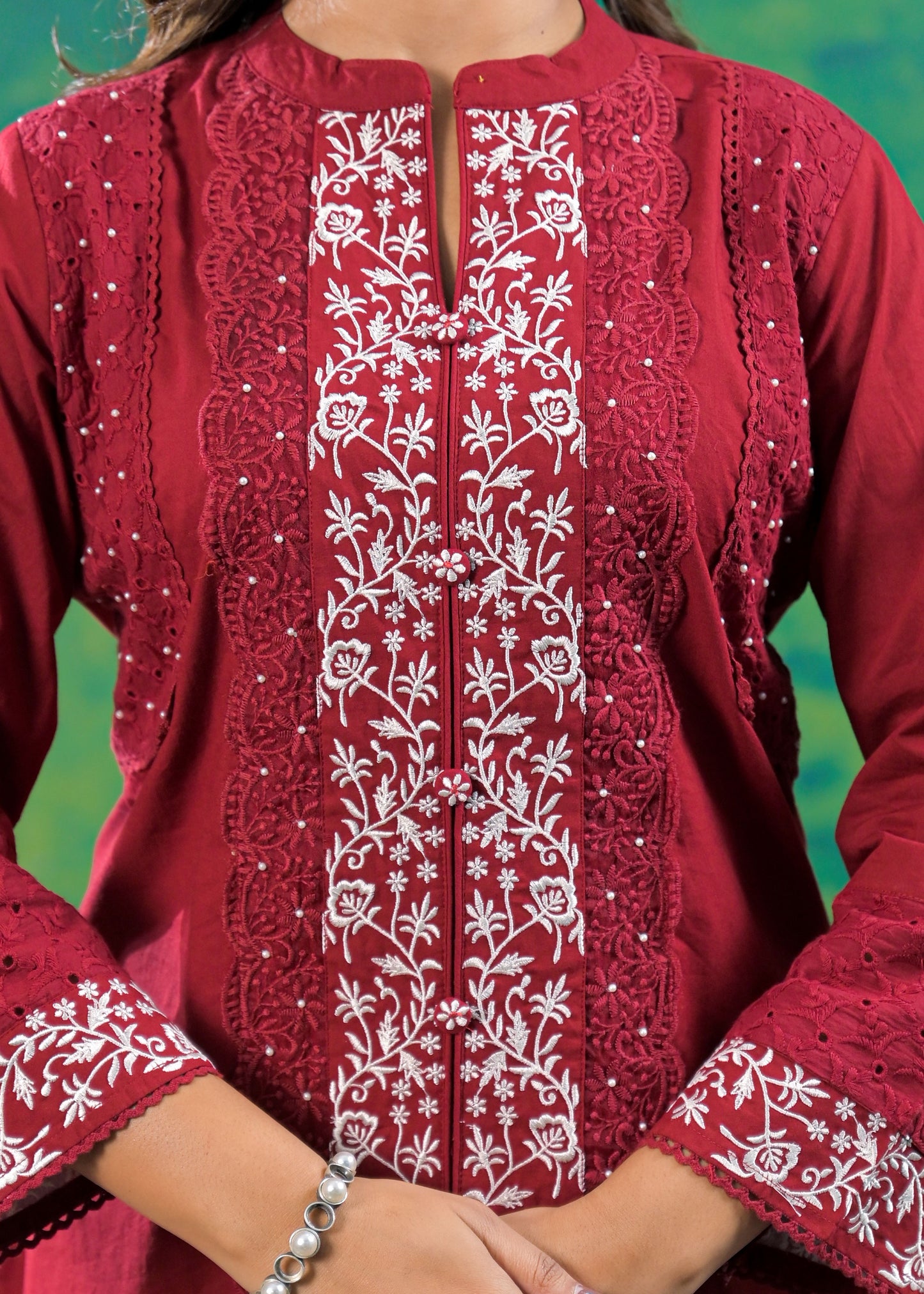Deep Maroon Schiffli Handwork Co-ord Set