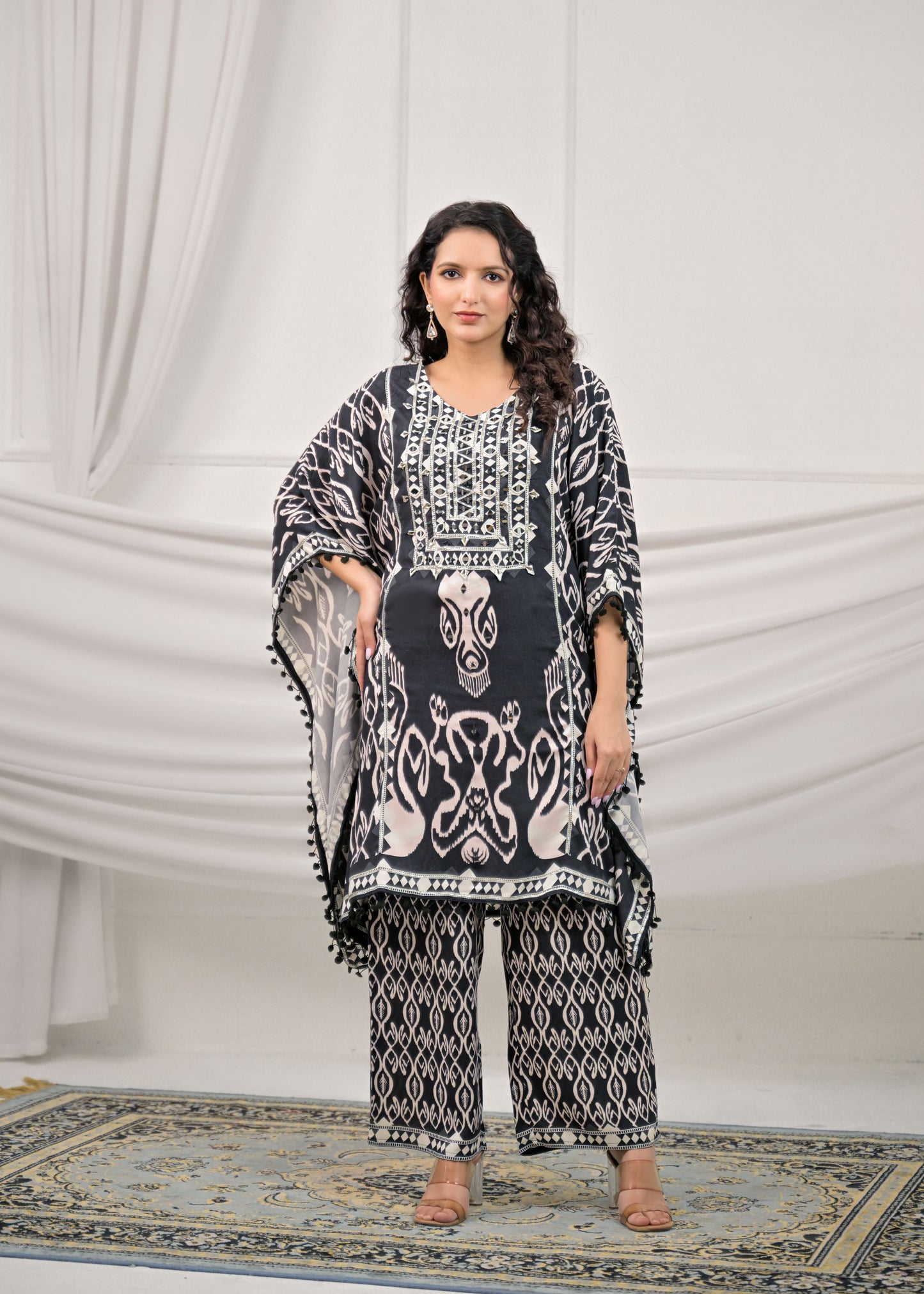 Raven Black Mirror-Work Kaftan Set