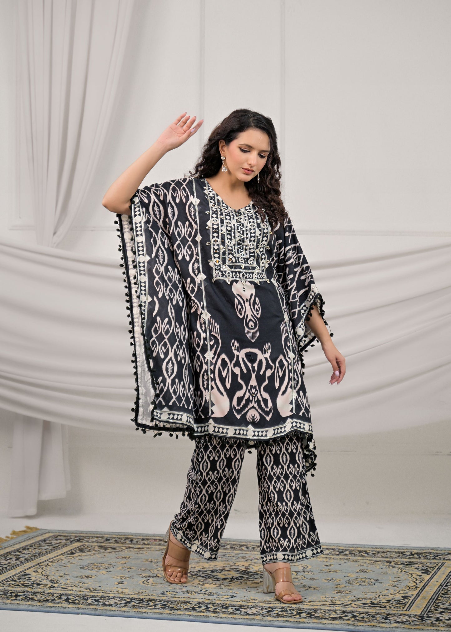 Raven Black Mirror-Work Kaftan Set