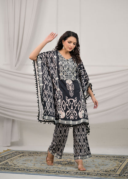 Raven Black Mirror-Work Kaftan Set