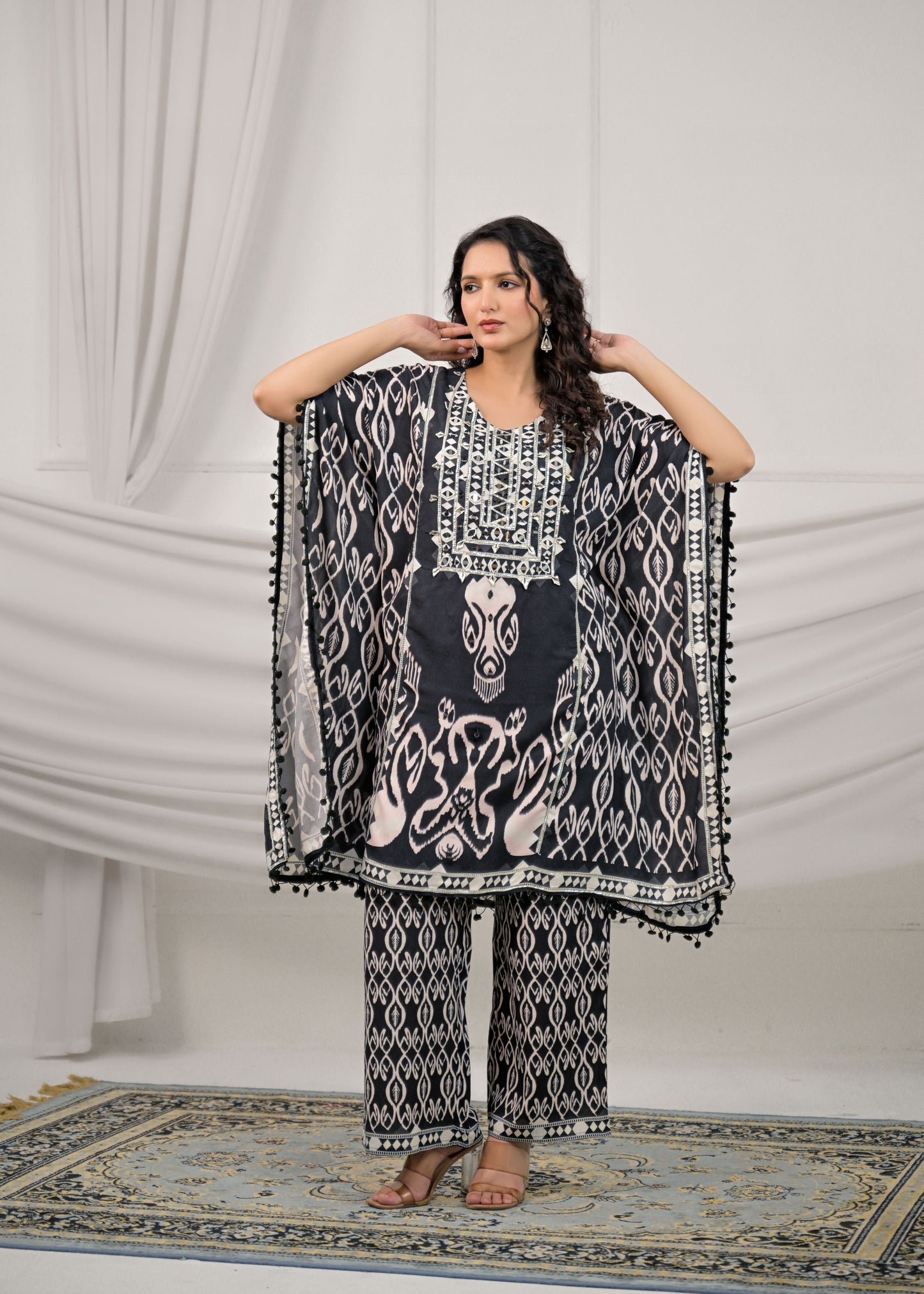 Raven Black Mirror-Work Kaftan Set
